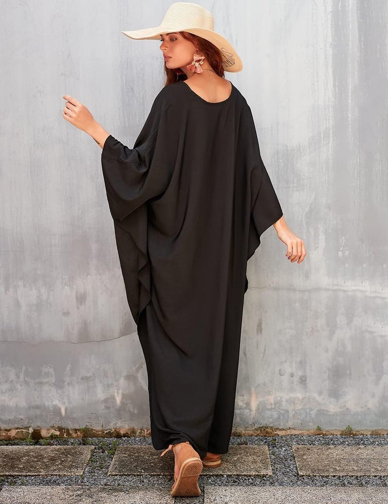 Bsubseach Women Solid Color Cover Up V Neck Batwing Sleeve Plus Size Beach Kaftan Dresses - Image 5
